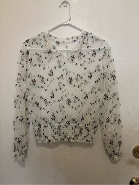 Ray Cassin Sheer Floral Mesh Blouse | Embroidered Cottagecore Top